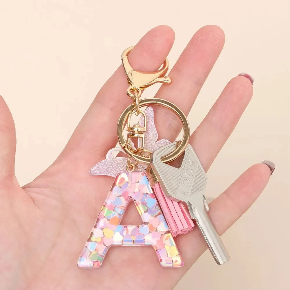 Fashion A-Z 26 Letter Resin Keychain Women's Exquisite Butterfly Pink Tassel Letter Key Ring Wallet Handbag Car Keys Ring Amulet