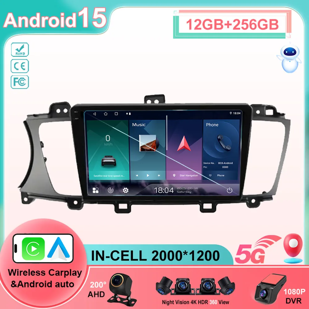 Фото Автомобильный радиоприемник Android 15 Carplay Auto для KIA K7 cadenza 2011-2012 плеер мультимедийный стерео навигация WIFI головное устройство BT камера №1
