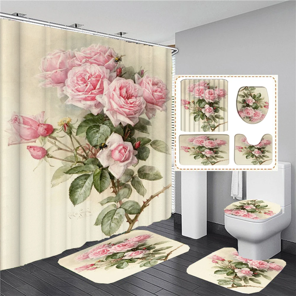 

Rose Pink Flowers Print Shower Curtain Set with Rug Anti-slip Carpet Bathtub Toilet Screen Waterproof Bathroom Decor with Hooks