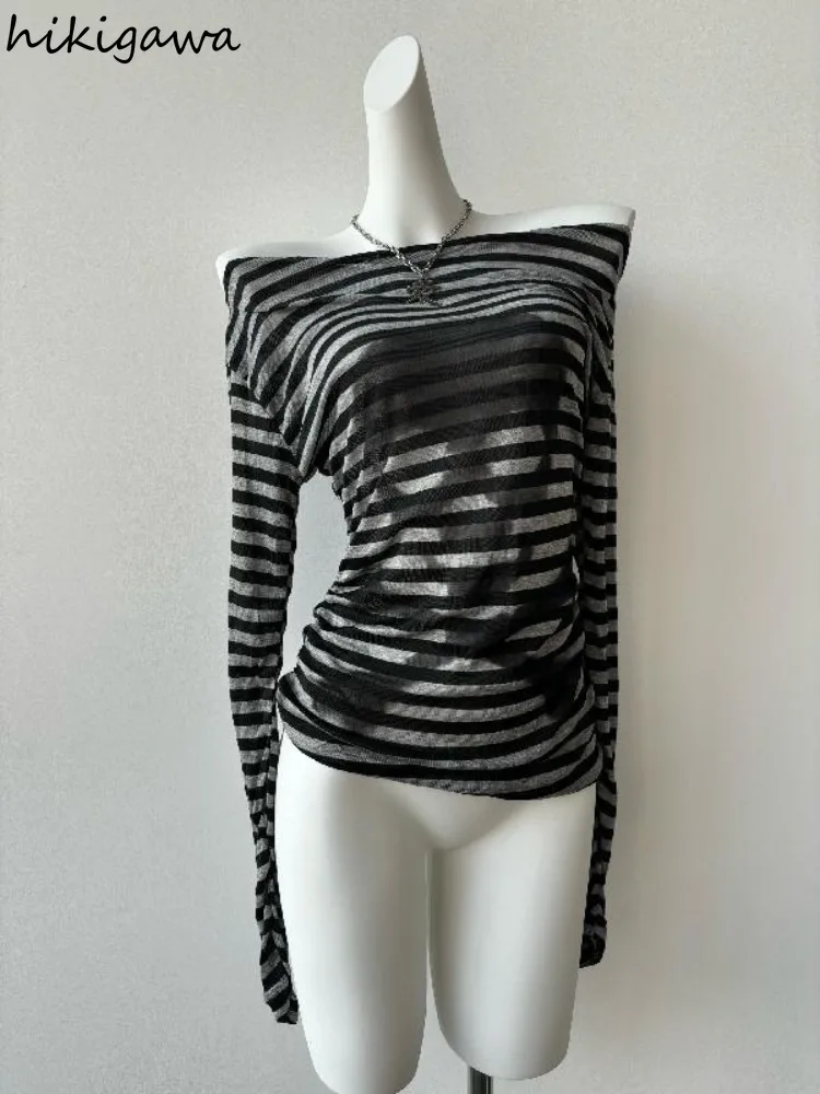 Женская футболка с вырезом лодочкой Повседневная в полоску черепом стиле