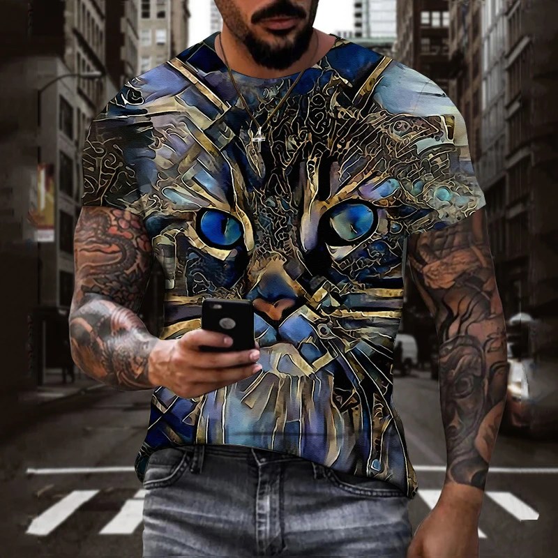 

Autumn 3D Printing Men's T-shirt Funny Blue Cat Pattern T-shirt Fashion Short Sleeve Top Round Neck Breathable Men's T-shirt
