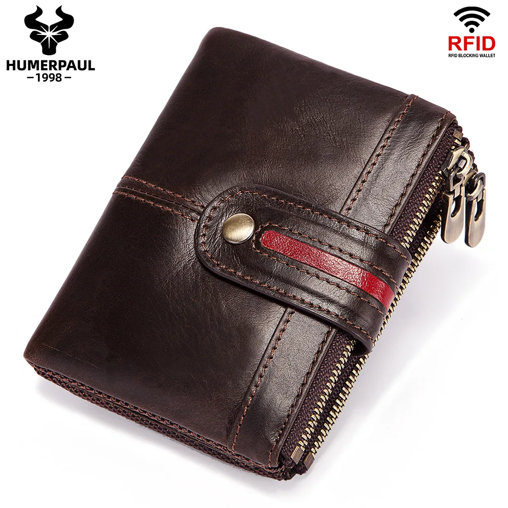 HUMERPAUL Genuine Leather RFID Protection Wallet for Men Short Multi Function ID Credit Card Holder Classic Money Bag Coin Purse