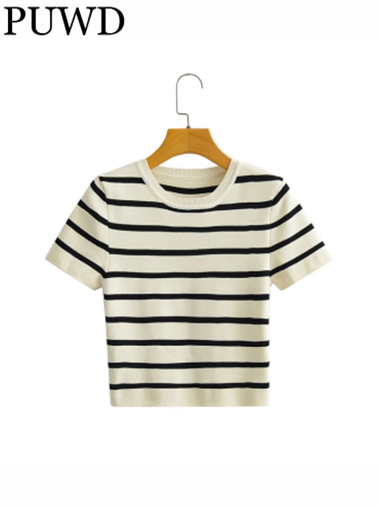 

Женская трикотажная кофта в полоску PUWD, повседневная кофта из вискозы с круглым вырезом и короткими рукавами, лето 2022