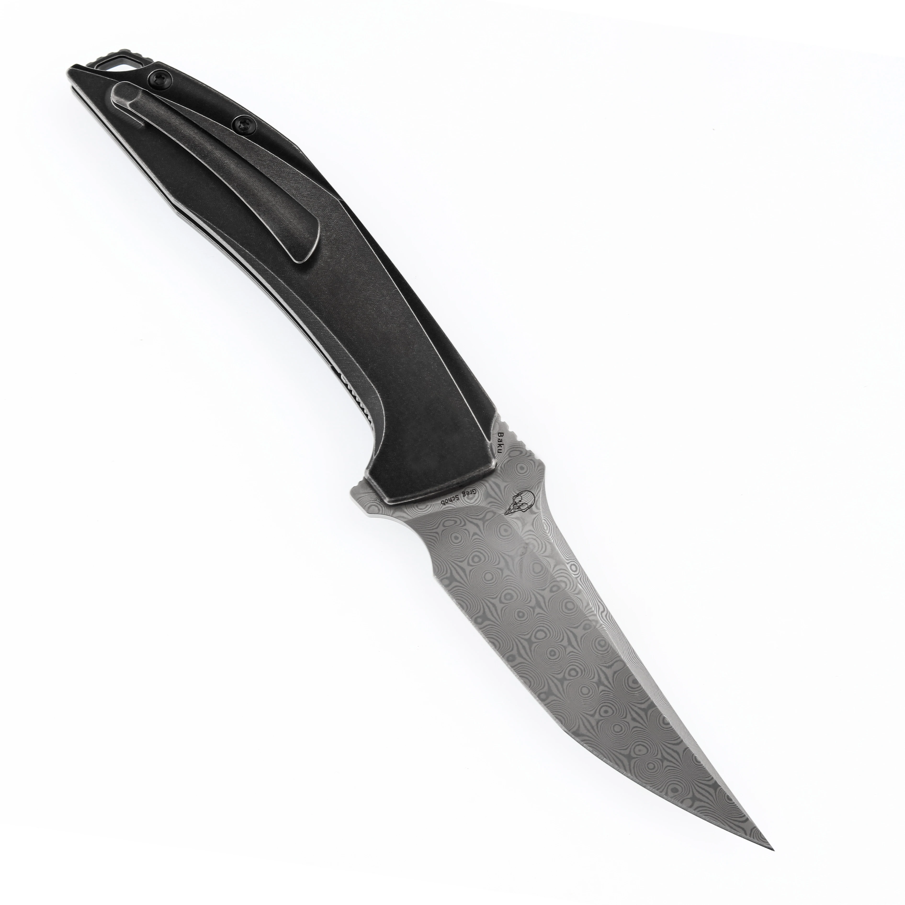 Фото Складные ножи Kansept K1056 Baku Damascus/CPM-S35VN с лезвием из стали CPM-S35VN и рукоятью с инкрустацией из титана и микарты/тимаскуса, разработанные Грегом Шобом. №3