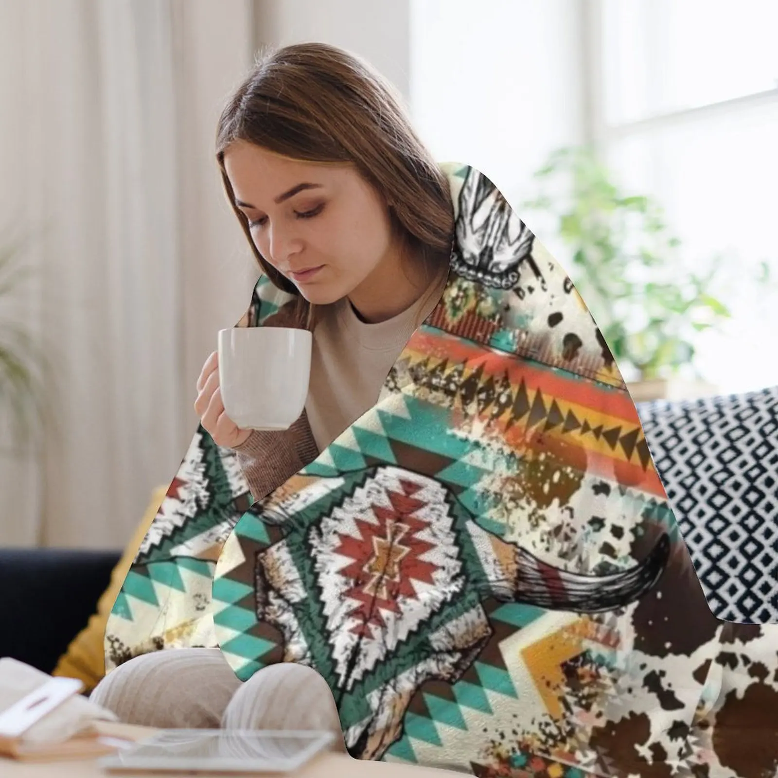 Ацтекское одеяло с принтом коровы и черепом быка летнее постельное белье мягкие