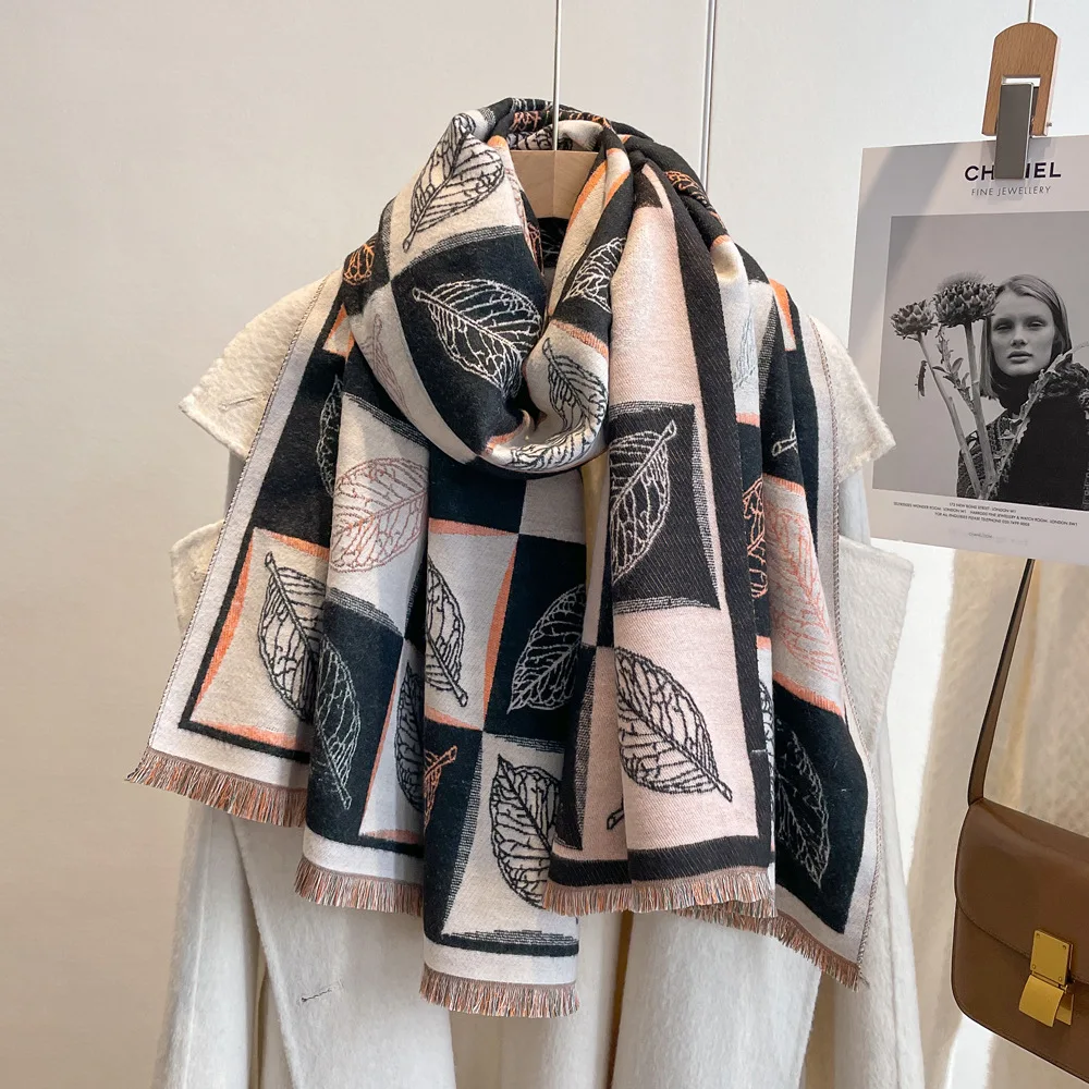 

Winter Warm Big Blanket Scarf Fashion Leaf Plaid Faux Cashmere Shawl 180*65cm
