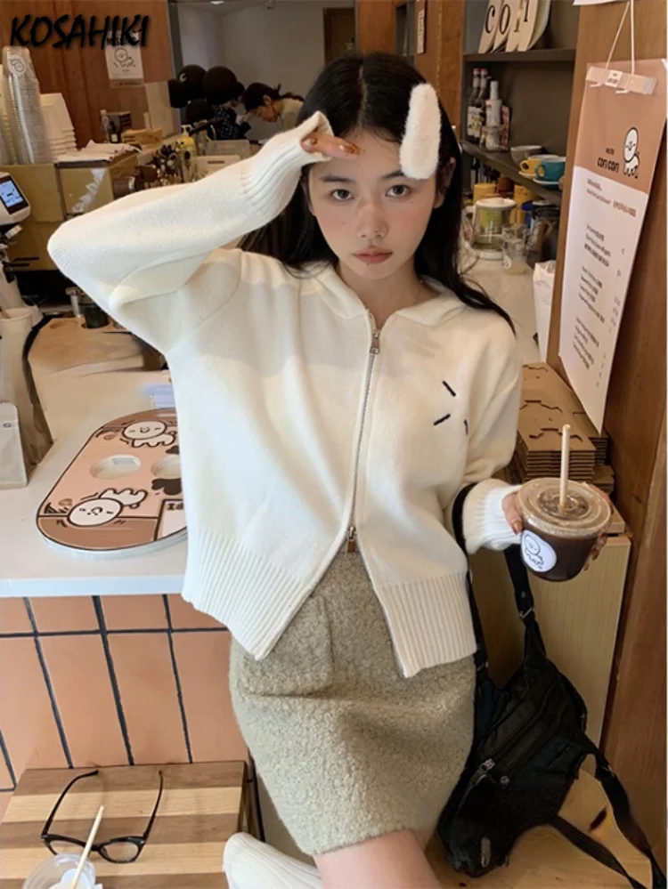 

Кардиган женский в стиле преппи, Свободный Белый ТРИКОТАЖНЫЙ УКОРОЧЕННЫЙ свитер с длинным рукавом и вышивкой, уличная одежда в стиле Харадз...