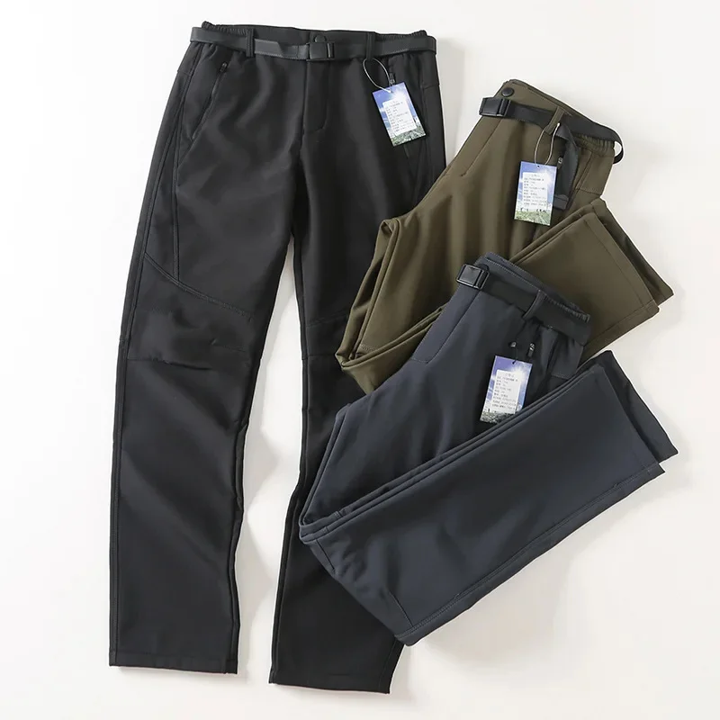 Уличные зимние мужские повседневные Мягкие плюшевые утепленные брюки с ремнем