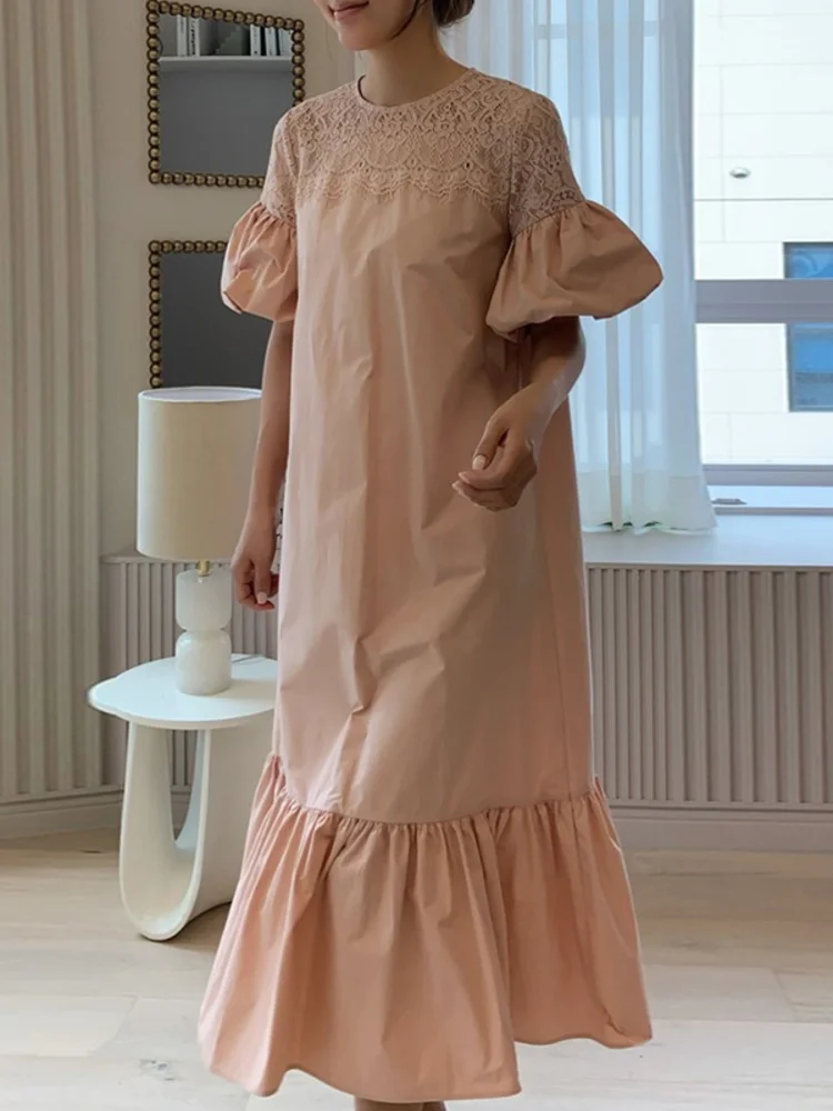 

Женское кружевное платье с круглым вырезом, однотонное свободное платье составного кроя с цветочным кружевом, рукавами-фонариками и оборками, Y094, лето 2023