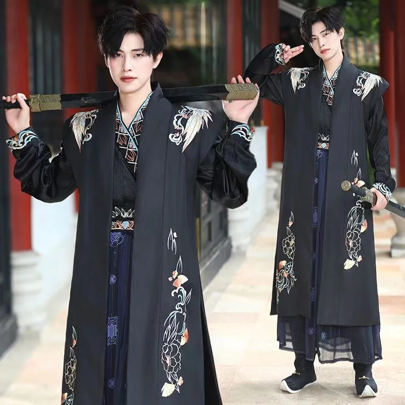 Черное темно-осенне-зимнее мужское платье ханьфу с вышивкой традиционный