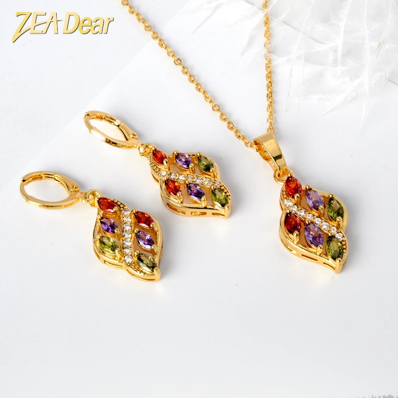 

ZEADear Jewelry Elegant Color Crystal Zirconia Leaf Gold Tone Earring Necklace Set 2022 women Jewelry Set Clothing Accessories