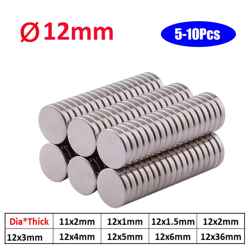 

5/10pcs Dia Ø12mm N35 Round Neodymium Magnet Rare Earth Strong Powerful Permanent Fridge NdFeB Magnets DISC Thickness1mm-36mm