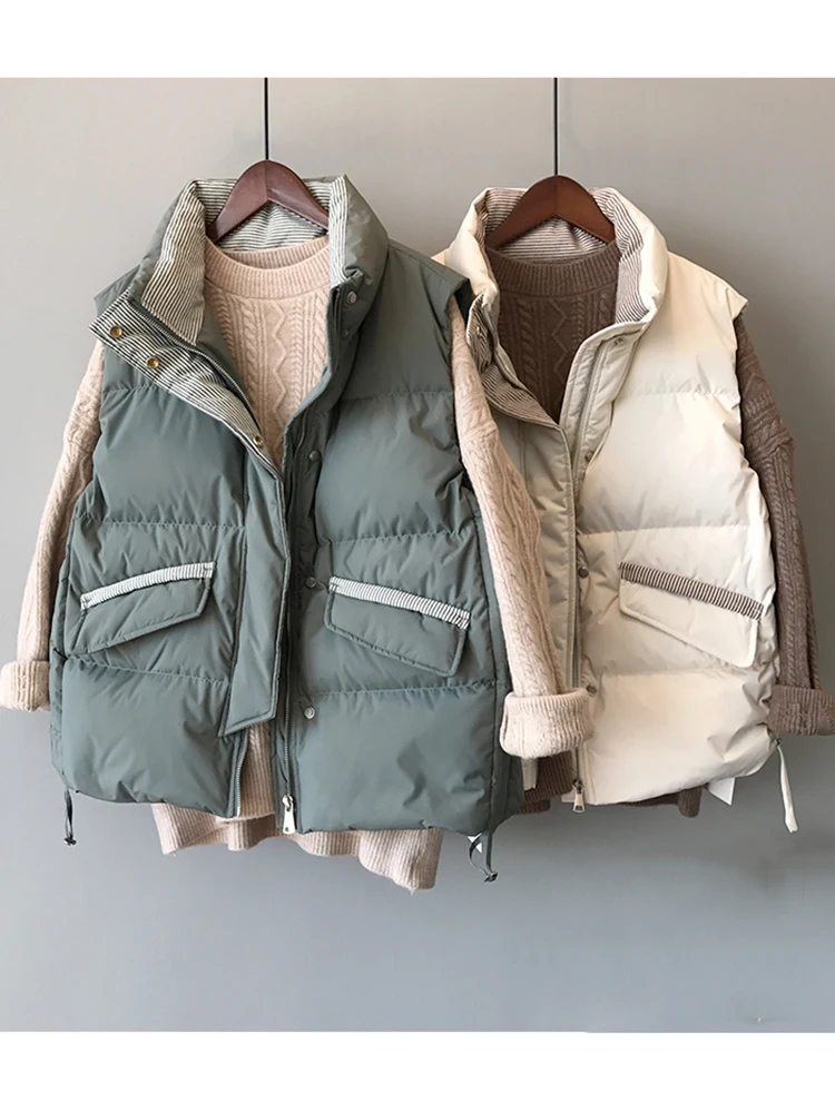 QOERLIN Designer Striped Liner Waistcoat Women Winter Thick Warm Jacket Stand Collar Sleeveless Pocket Zipper Padded Cotton Coat