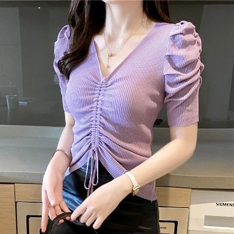

2022 Summer Casual Solid Color V-neck Top Fashion Short Sleeve Gray