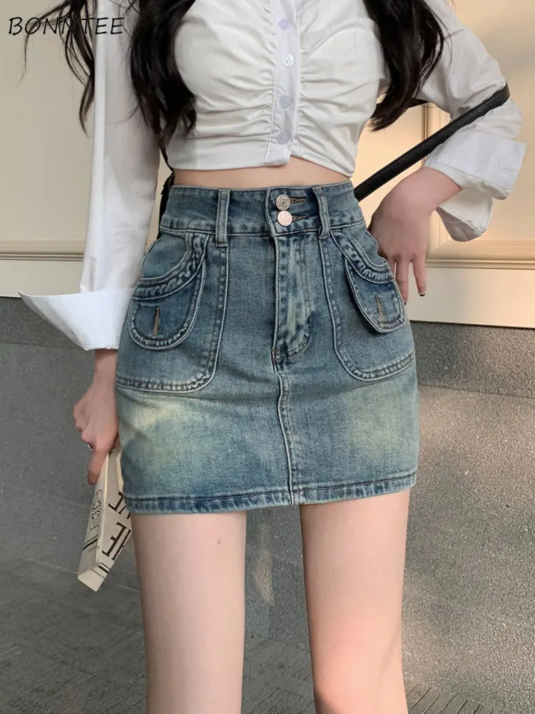 

Skirts Women Fashion Denim Simple Vintage Summer High Waist All-match Korean Style Casual A-line Tender Office Ladies Ins Slim