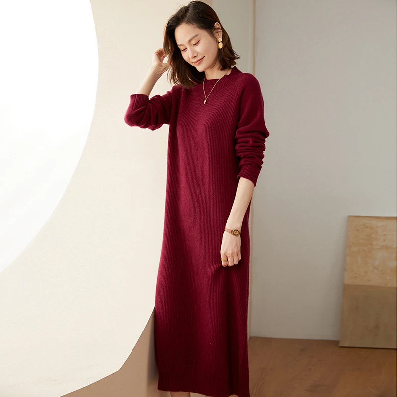 Hot Sale 100% Pure Cashmere High-end Women Loose Long Sweater Dress Female Autumn Long Sleeve Soft Knitted Dresses Girl Clothes