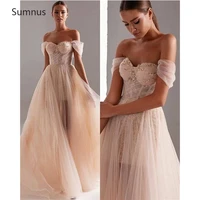 sumnus 2022 pink boho tulle evening dress long a line off the shoulder glitter vestido de fiesta de boda see through prom gown