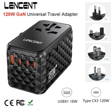 LENCENT 120W GaN Universal Travel Adapter with1 USB-A+3 Type-C  Support PPS ,PD3.0 Fast Charger EU/UK/USA/AUS plug for Travel