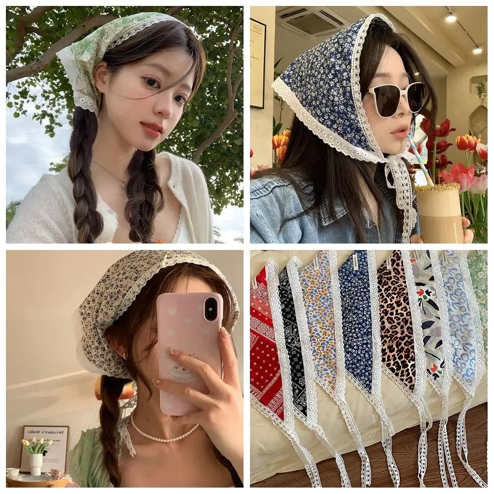 Элегантная треугольная бандана с цветочным принтом тюрбан кружевной шарф для