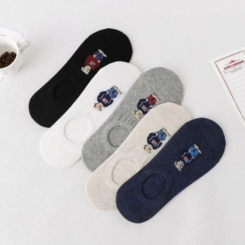 Fashion Men's Boat Socks Cartoon Bear Summer Autumn Anti-Slip Transparent Silicone Cotton Ankle Slippers Socks Retro