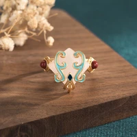 vintage enamel craft inlaid synthetic jade ring china style jewelry classical open adjustable gold ring for women birthday gift
