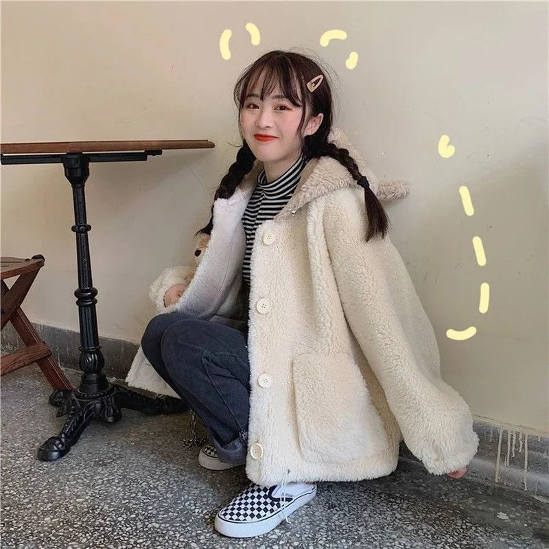 Jackets Women Kawaii Hooded Winter Korean Soft College Single Breasted College Girls Outwear Coats Simple Sweet Female Parkas