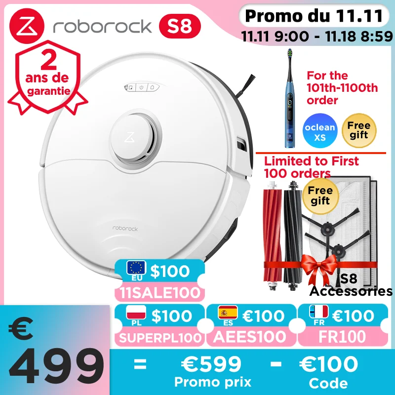 [-€100 código: AEES100] roborock S8 Robot Aspirador con Cepillo Doble & Succión de 6000 Pa & Evitación de Obstáculos 3D Robot Aspirador y Fregona Compatible con Alexa para Pelo de Mascotas (Actualización S7)