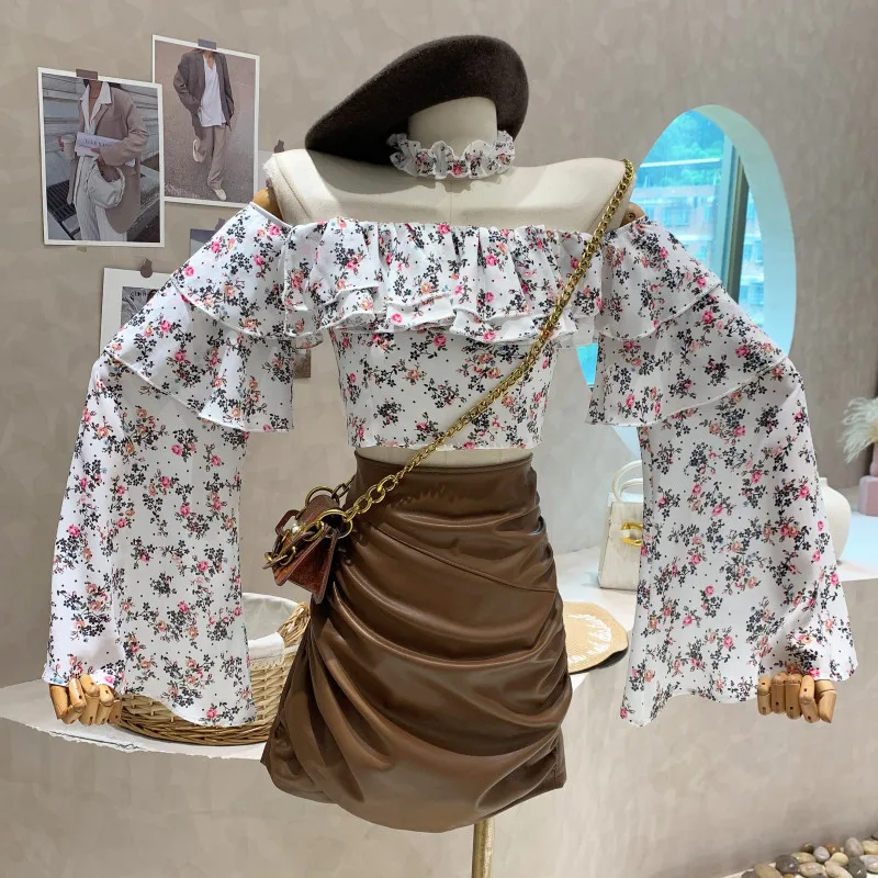 

Niche Design New Women 2022 Early Autumn Ruffle Floral Shirt Short Off Shoulder Long Sleeve Shirt Design Top Blusa Feminina