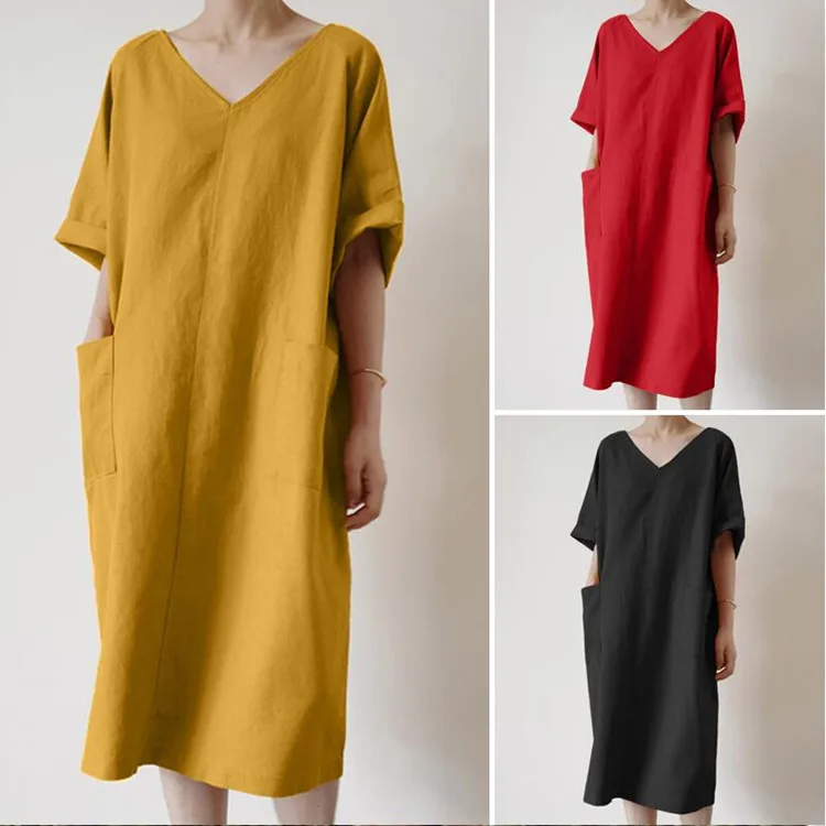 

Summer 2022 vintage Dress women's cotton casual solid color long sundress women's loose V-neck nightgown
