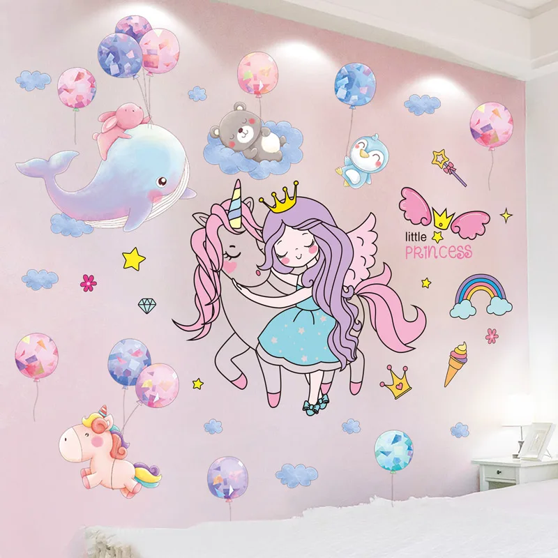 

[SHIJUEHEZI] Cartoon Animals Balloons Wall Stickers DIY Unicorn Girl Mural Decals for Kids Room Baby Bedroom House Decoration