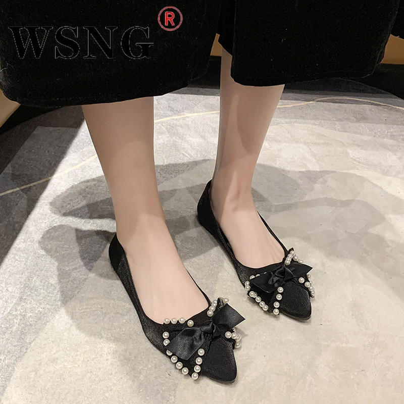 

Fashion Pearl Ladies Flat Shoes Women's Pointed Toe Bow Summer Shoes Thin Loafers Soft Sole Moccasins Shoes for Women
