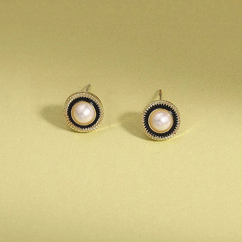 

Black Enamel Round Stud Earrings Gold Color Metal Side Geometric Earrings for Women Simulated Pearl Ear Decoration 2023 new