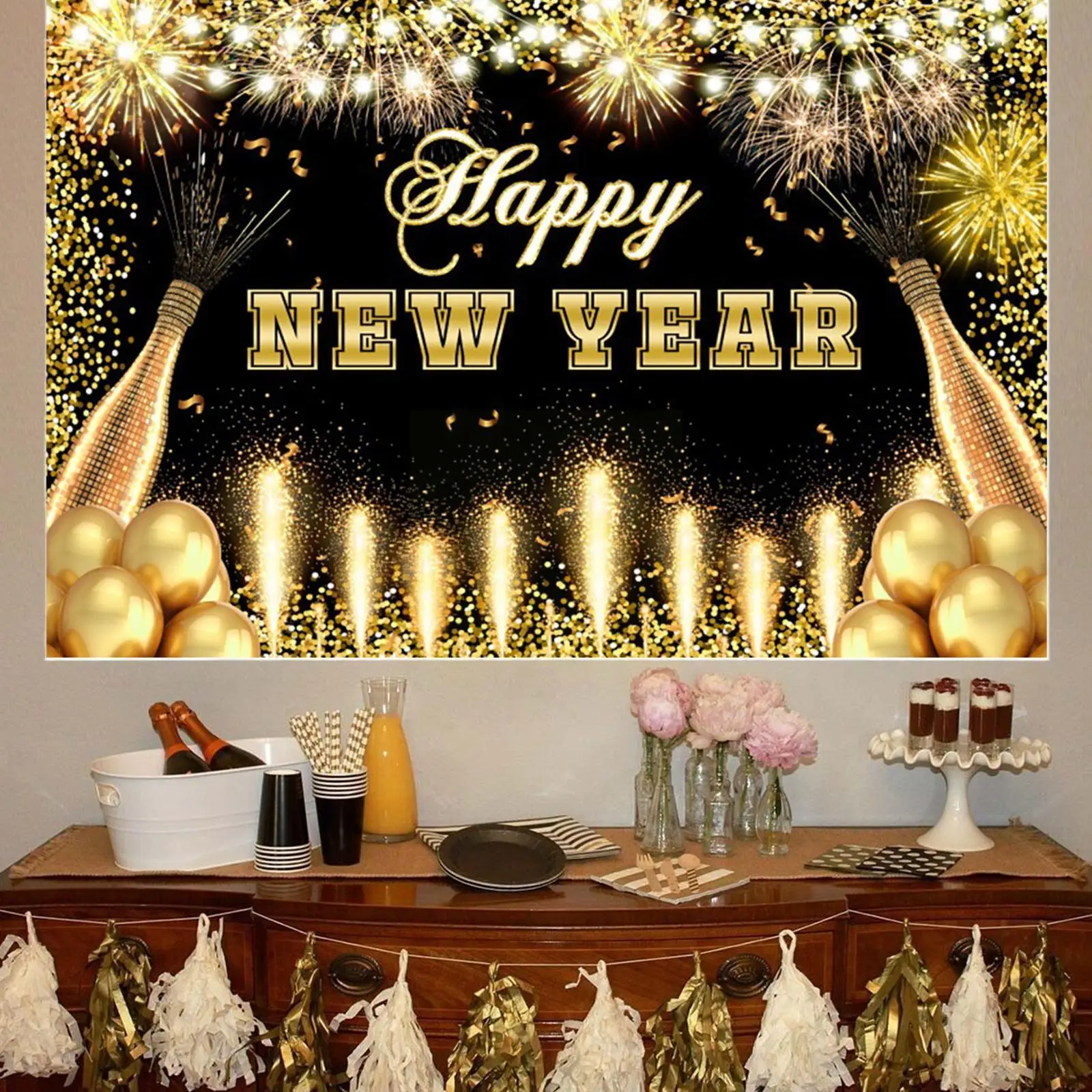 

Happy New Year Backdrop For Glitter Fireworks Balloons Champagne Photocall Welcome New Year Party Background Decoration 80* Q2w2