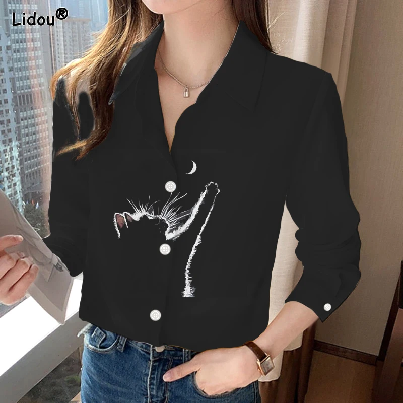Lady Thin Cat Print Casual Spring Summer Women's Clothing 2023 Slim Blended Long Sleeved Blouses Fashion Turn-down Collar Shirts