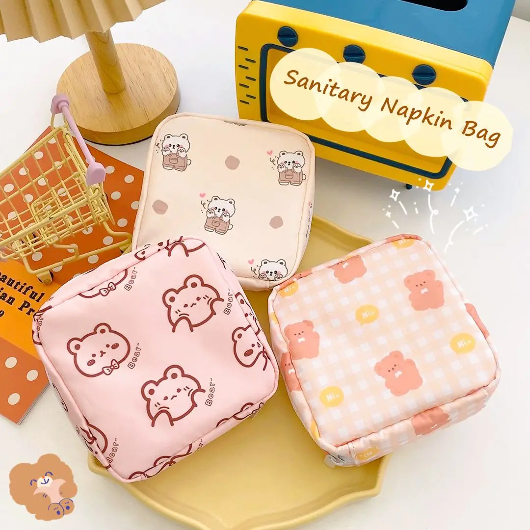 

Travel Kawaii Cosmetic Storage Bag For Women Girls Tampon Sanitary Pad Pouch Makeup Earphone Coin Napkin Bags Cute Bear Rabbit