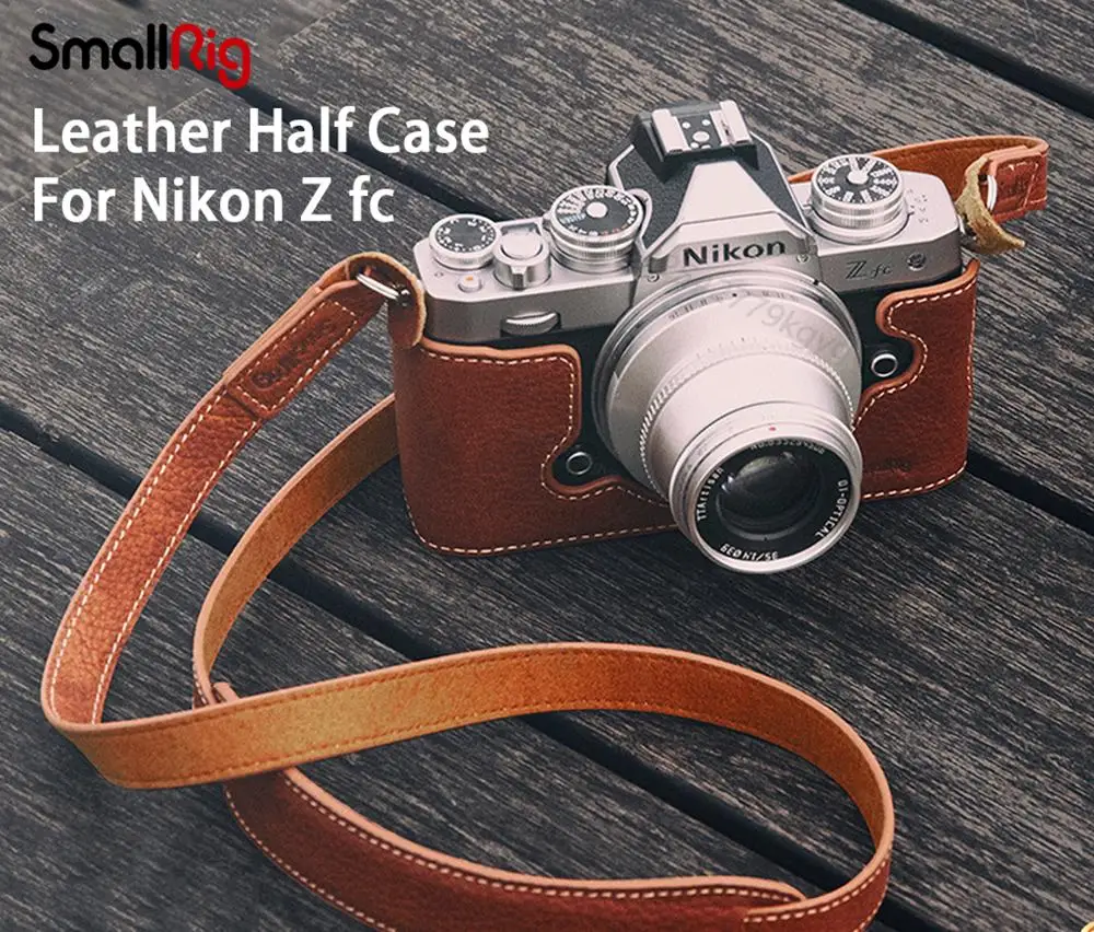 SmallRig custom fit Leather Half Case with Shoulder Strap for Nikon Z fc ZFC Camera W/ 1/4 Threaded Hole To Attach Tripods 3481
