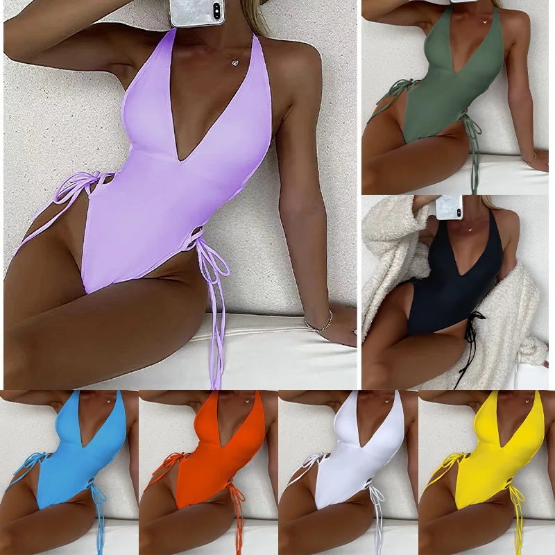 

Sexy Plunging One Piece Swimsuit Lace Up Women's Swimwear 2022 Solid Swimming Suit For Women High Cut Monokini Beachwear