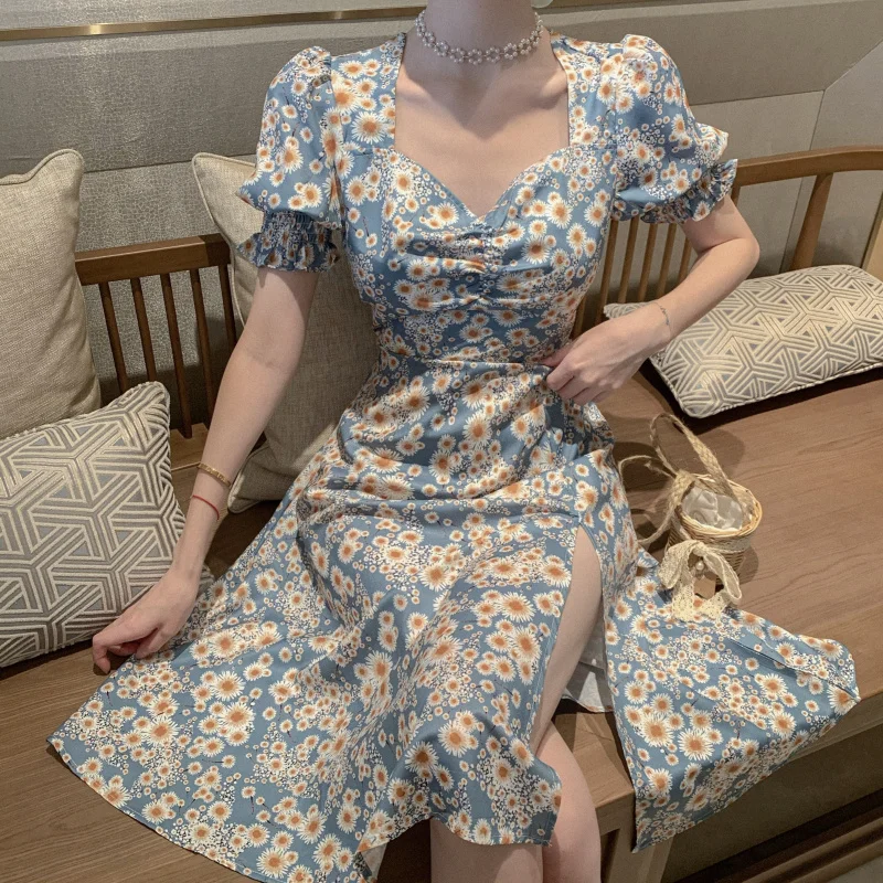 

Korean Chic Vintage Daisy Print Dresses Women Puff Sleeve Sundress Robe Femme High Waist A-line Summer 2023 Dress Party Vestidos