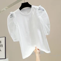 white tshirt women 2022 summer fashion pleated fungus stitching short mesh puff sleeve round neck pullover t shirts cotton tees