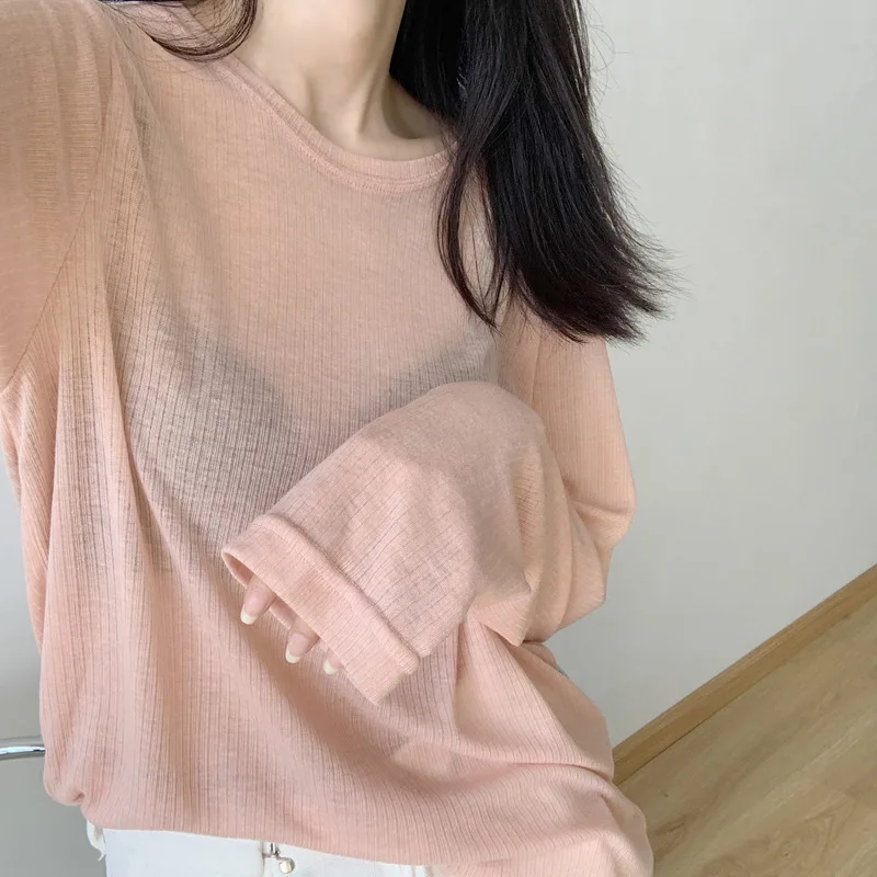 

Thin loose solid color pullover see-through sun protection clothing summer new long-sleeved T-shirt women