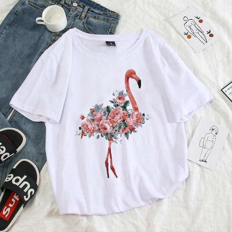 

Female T-Shirt Flamingo Cartoon Pattern Women Base Shirt 2022 New Popular Tops Feminine T-Shirt Fashion Simple O Neck Tshirt