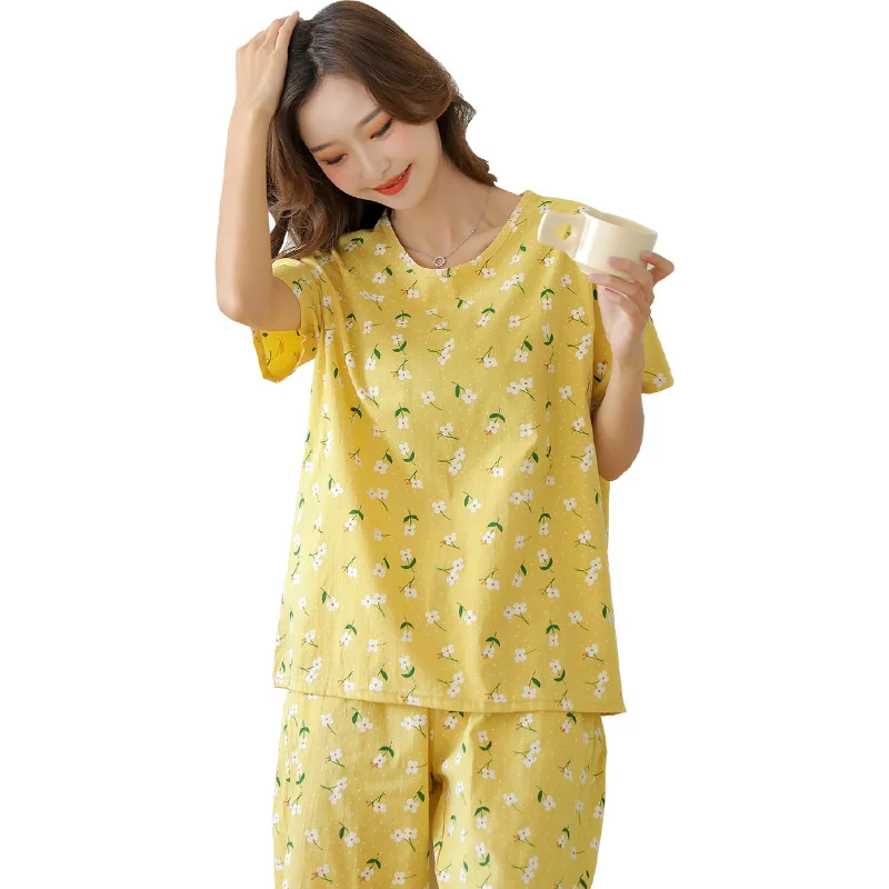 Cotton Gauze Pajamas Women's Summer Short Sleeved Capri Pants Set Japanese Sweet Floral Pure Cotton Home Clothes
