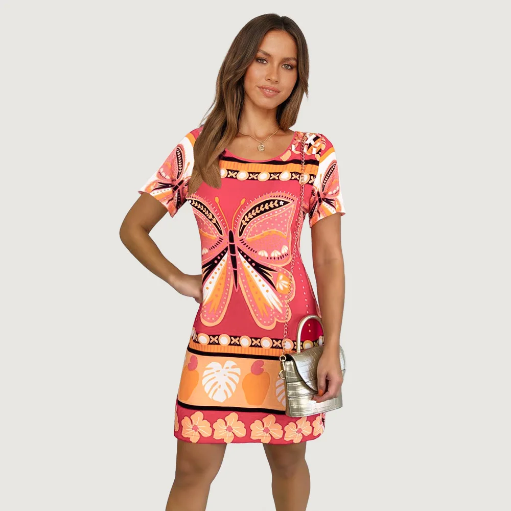 

2022 Summer Fashion Butterfly Print Round Collar Straight Tube Short Sleeve T-shirt Dress