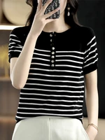 classic black and white striped summer round neck thin short sleeved t shirt womens cotton and linen knitted bottoming top
