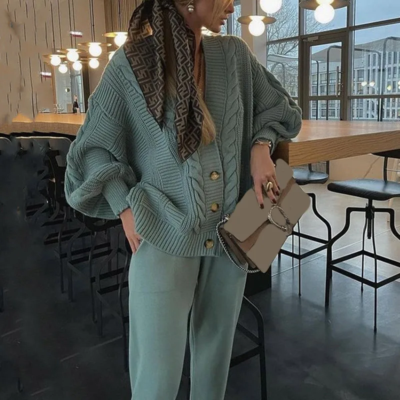 

Women Cardigans Trousers Set Woman 2 Pieces Solid Knitted Sweater Suits Drawstring Single Breasted Two Piece Sets Lady Outfits