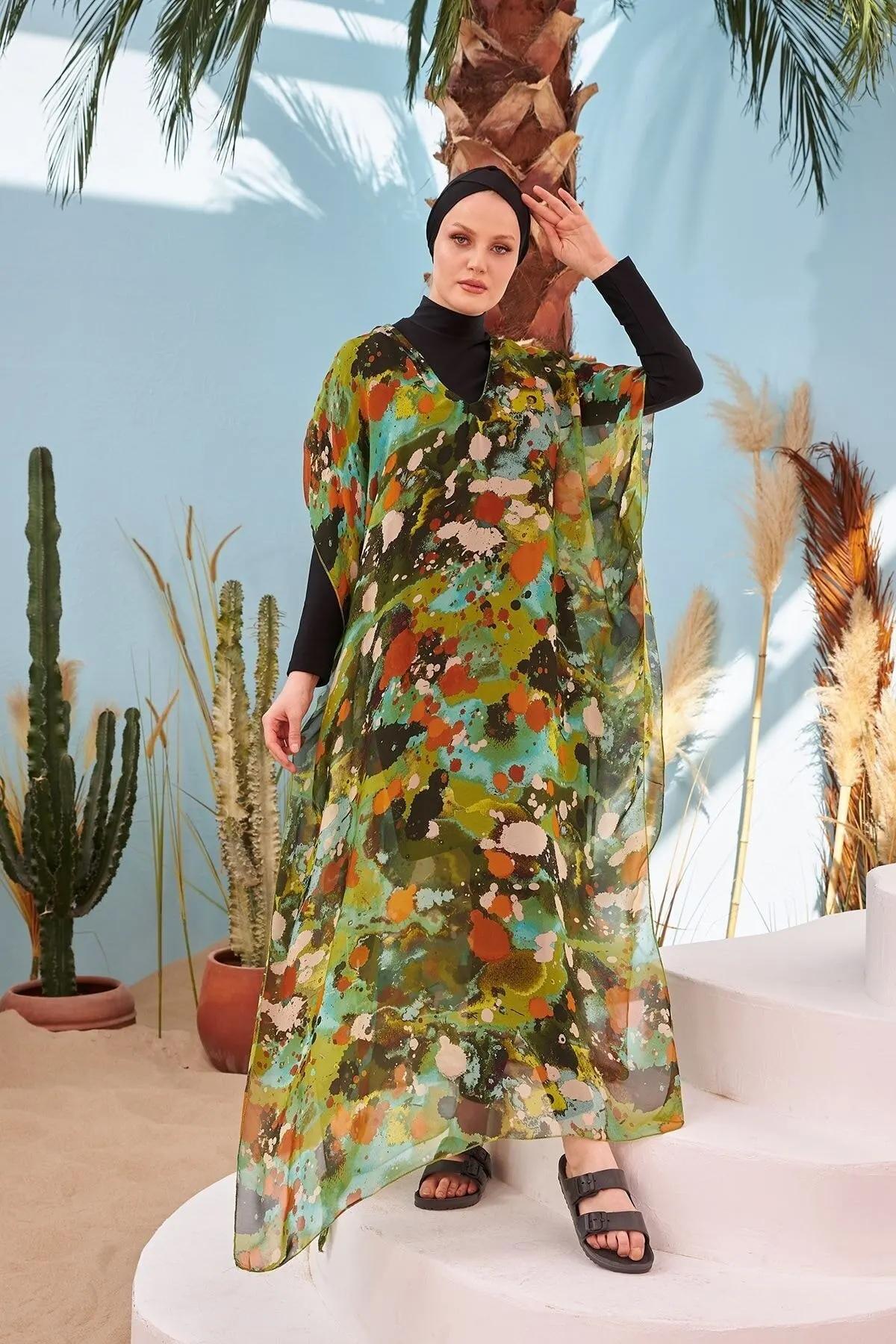 

Women's Pareo Kaftan Tie Dye Pattern Green Swimwear Cover Dress Sexy Tunic Suit Beachwear Female Beach Bikini Cover