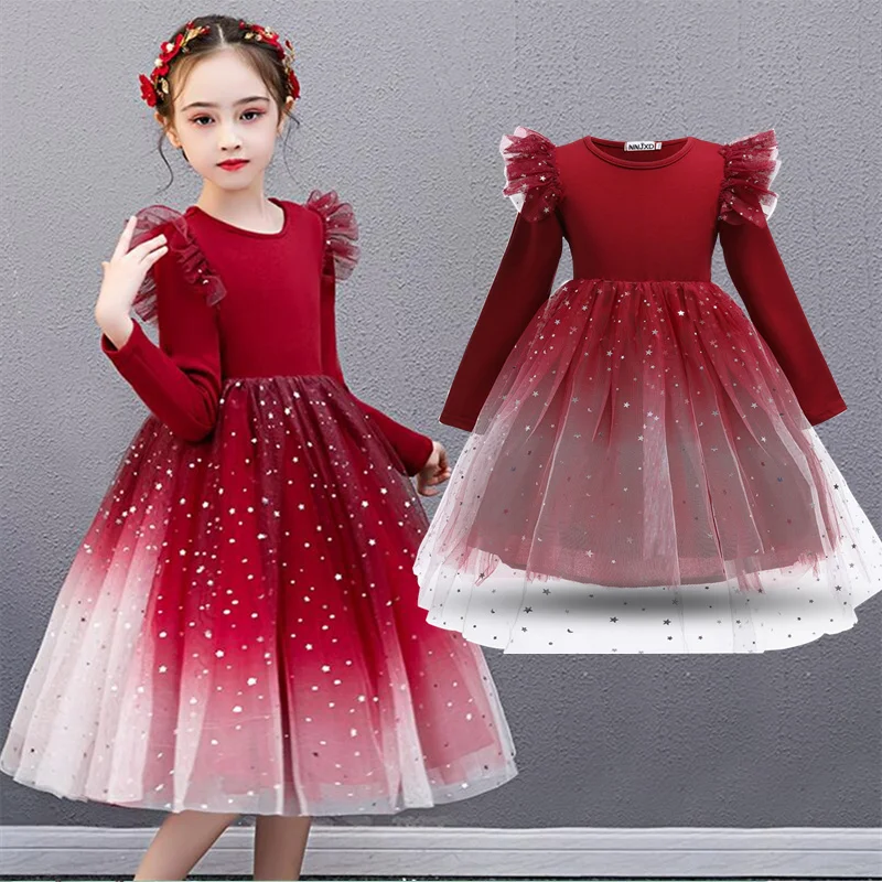

Girls Dresses Kids Autumn Winter Sequin Mesh Tulle Clothes Elegant Wedding Birthday Children Christmas Party Princess Costume