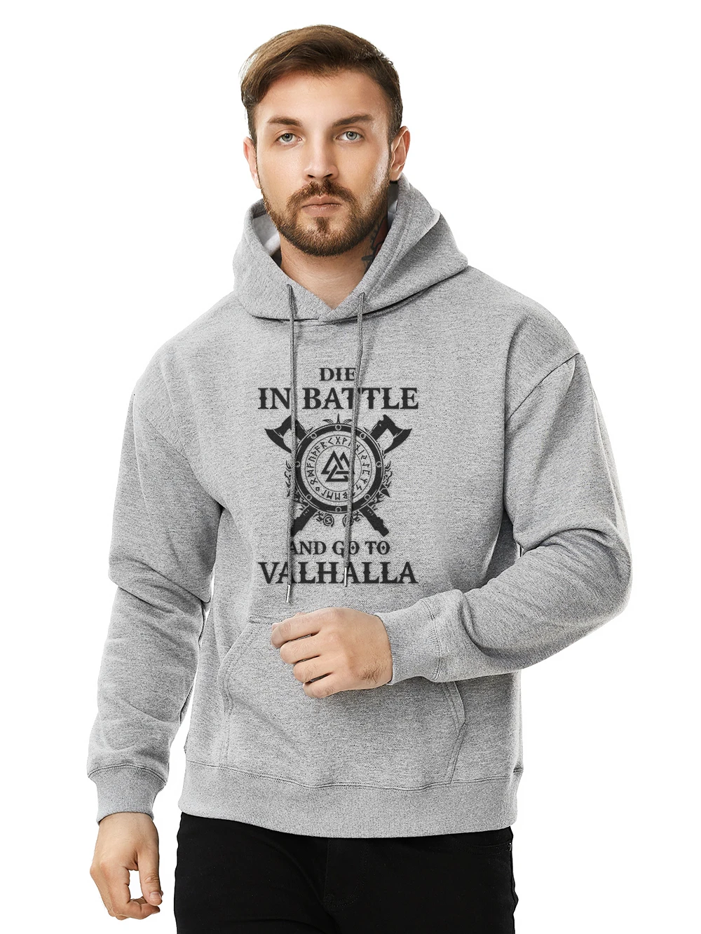 

High Quality Heavyweight Cotton Hoodie Men DIE THE BATTLE AND GO TO VALHALLA Vikings Printed Sweatshirts Warm Thicken Clothing