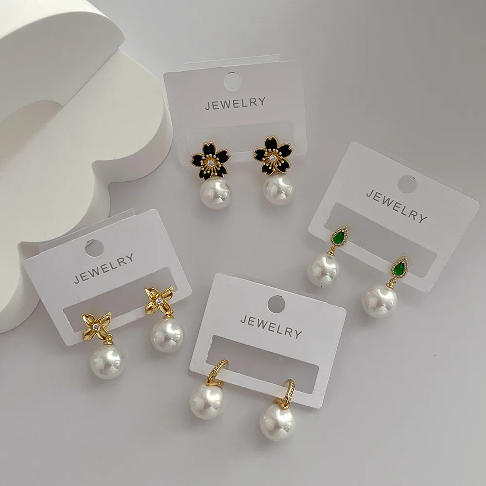 

Minar Sweet 4 Designs Bling CZ Zircon Flower Long Drop Earrings for Women Oversized Shell Pearl Pendant Earring Party Jewelry