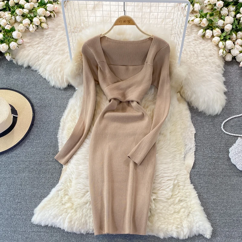 

Women's Autumn Winter Sheath Knitted Dress Long Sleeve Sexy Dress